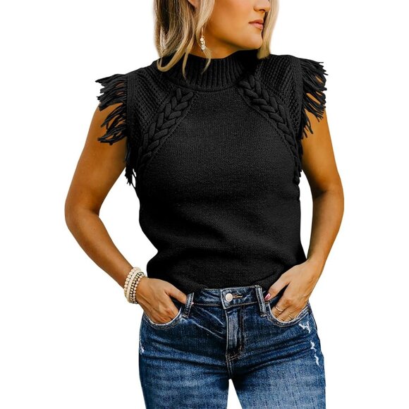 Women’s Sleeveless Sweater Vest Mock Neck Cable Knit Fringe Boho Tank Tops - Picture 1 of 4